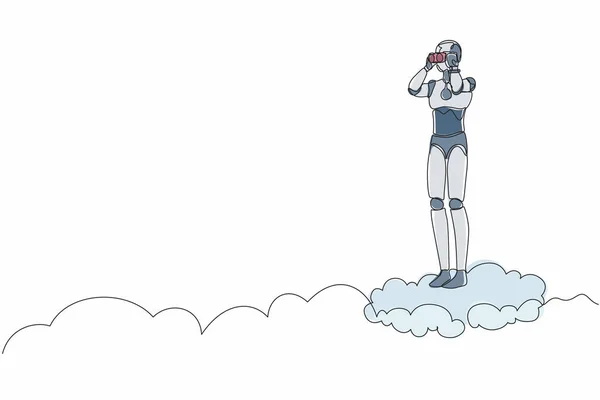 Singola Una Linea Disegno Robot Cloud Holding Binocolo Ricerca Business — Vettoriale Stock