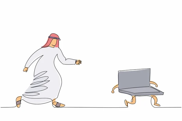 Una Sola Línea Dibujando Empresario Árabe Persiguiendo Portátil Empleado Que — Vector de stock