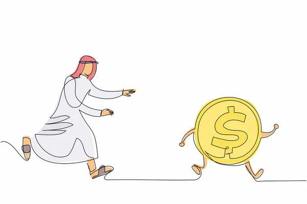 Pojedyncza Ciągła Linia Rysująca Arabskiego Biznesmena Goniącego Dolara Dążenie Sukcesu — Wektor stockowy