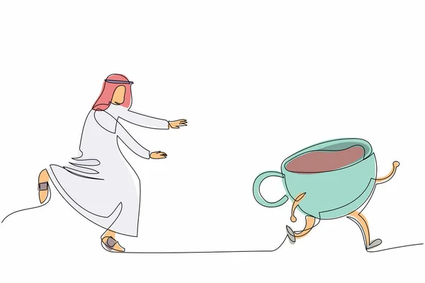Ciągły Rysunek Arabskiego Biznesmena Goniącego Filiżanką Kawy Picie Śniadanie Rano — Wektor stockowy