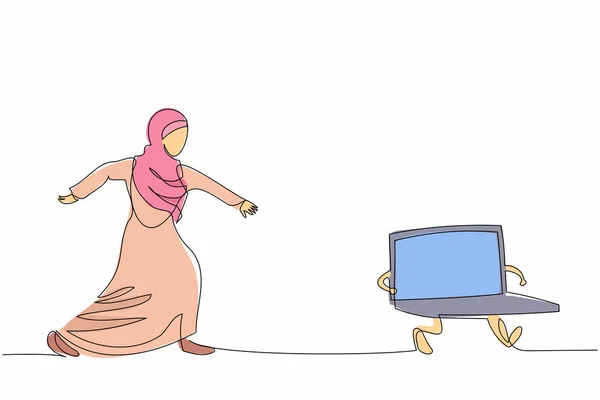 Single Garis Berkelanjutan Menggambar Pengusaha Arab Mencoba Untuk Mengejar Laptop - Stok Vektor
