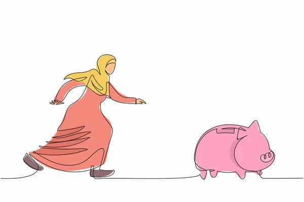 单行画阿拉伯女商人追逐储蓄罐 个人使用的管理财务 女经理维持货币危机 连续线条绘图设计图形矢量插图 — 图库矢量图片