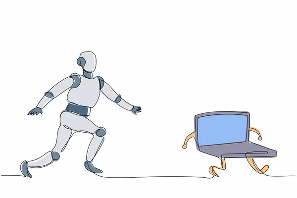 ノートパソコンを追いかける一本の連続線画ロボット 締め切りと仕事 現代のロボット人工知能 電子技術産業 1行のグラフィックデザインベクトルイラスト — ストックベクタ