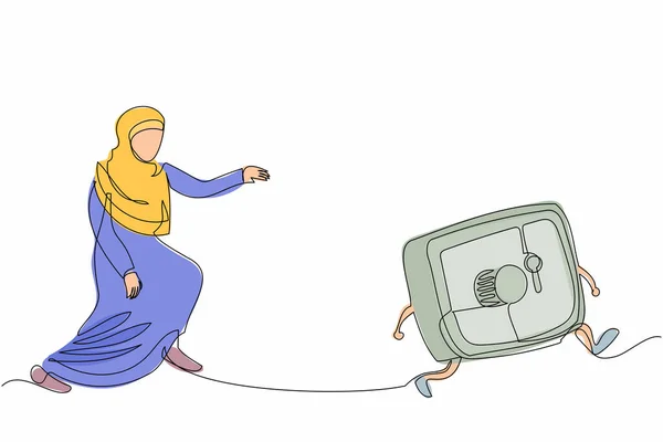 アラビア人の実業家が預金箱を追いかけている 女性労働者の安全ボックスでお金 金を節約 銀行の保護資産 連続線設計ベクトル図 — ストックベクタ