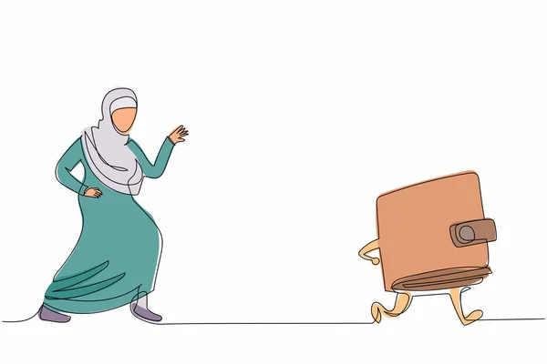 Linha Única Contínua Desenho Mulher Negócios Árabe Perseguindo Carteira Bolsa — Vetor de Stock