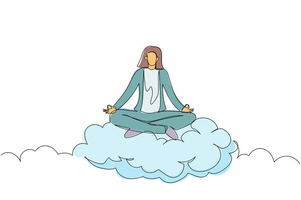 Одна Линия Изображающая Расслабленную Деловую Женщину Медитирующую Позе Лотоса Облаках — стоковый вектор