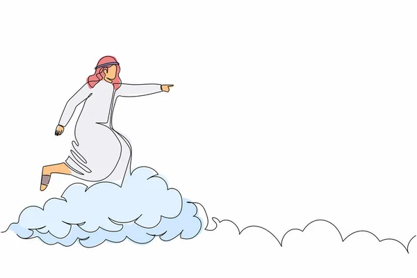Uma Única Linha Desenhando Empresário Árabe Cavalgando Nuvem Céu Apontando —  Vetores de Stock