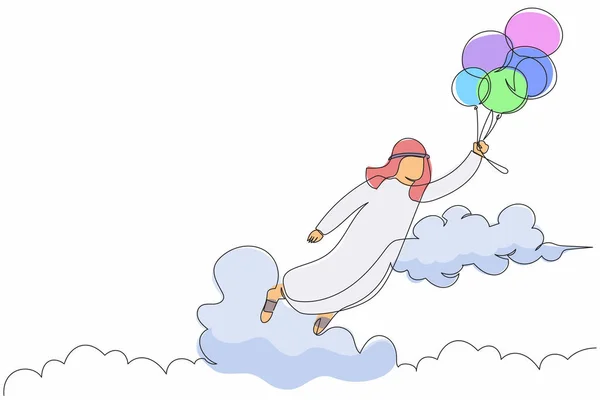 Contínuo Uma Linha Desenhando Sucesso Empresário Árabe Voando Com Balão —  Vetores de Stock