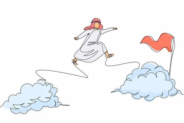 Linha Única Contínua Desenhando Empresário Árabe Saltar Sobre Nuvens Para —  Vetores de Stock