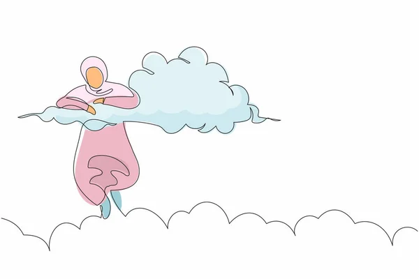 Una Sola Línea Dibujando Empresaria Árabe Cuelga Las Nubes Buscando — Vector de stock