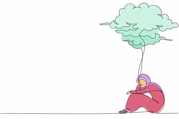 単一の1行の不幸なアラビア語のビジネスマンの女性は うつ病雨の雲の下に座って悲しい感じて描画します 問題にストレスのかかる労働者 連続線画デザイングラフィックベクトルイラスト — ストックベクタ