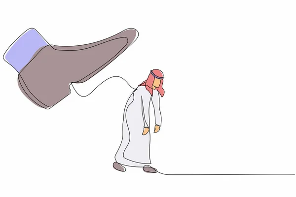 单行画悲伤的阿拉伯商人走了 带着一双大靴子鞋把他踢出去 男经理被解雇和开除的概念 连续线条绘图设计图形矢量插图 — 图库矢量图片