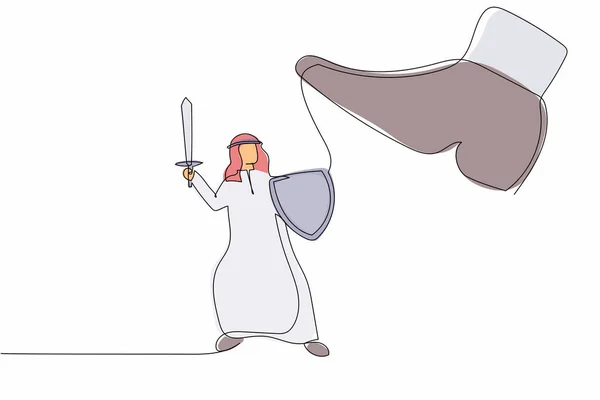 Непрерывная Линия Изображающая Храброго Арабского Бизнесмена Сражающегося Гигантской Ноги Щитом — стоковый вектор
