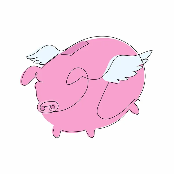 Continuous One Line Drawing Flying Piggy Bank Wings Success Personal — Stock Vector