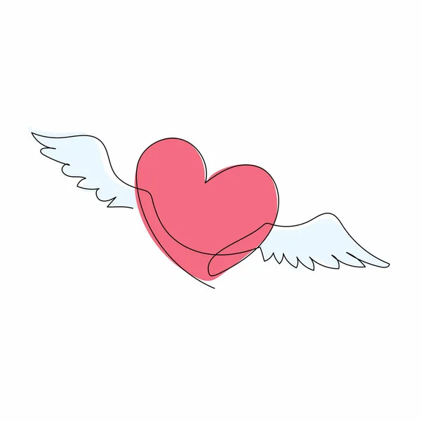 Contínua Uma Linha Desenho Voando Amor Coração Com Asas Amor —  Vetores de Stock