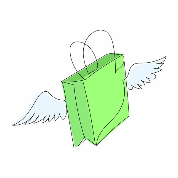 Kontinuální Jedna Čára Kreslení Létající Nákupní Papírové Tašky Křídly Logo — Stockový vektor