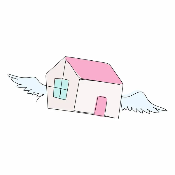 Singola Linea Disegno Casa Volante Logo Con Ali Casa Delle — Vettoriale Stock