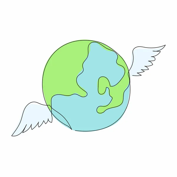 Jednoduchá Kontinuální Kresba Létající Koule Křídly Světová Cestovní Křídla Logo — Stockový vektor