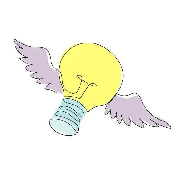 翼を持つ飛行電球を描く単連続線画 想像力 インスピレーション ファンタジーアイコン サインを 新しいビジネスアイデア 発明ロゴ グラフィックデザインベクトル図を描く1行 — ストックベクタ