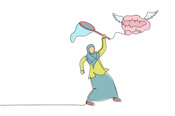 Uma Única Linha Desenhando Mulher Negócios Árabe Tentar Pegar Cérebro —  Vetores de Stock