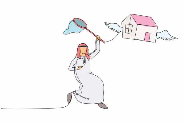 1つのラインは アラビアのビジネスマンを描く蝶のネットで飛んで家をキャッチしようとします 不動産価格は毎年高騰する ビジネスの比喩だ 連続線画デザイングラフィックベクトルイラスト — ストックベクタ