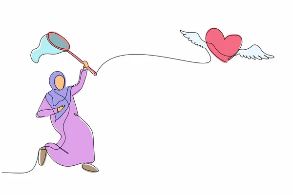 Jedna Čára Kreslení Arabské Podnikatelky Snaží Chytit Létající Srdce Motýlí — Stockový vektor