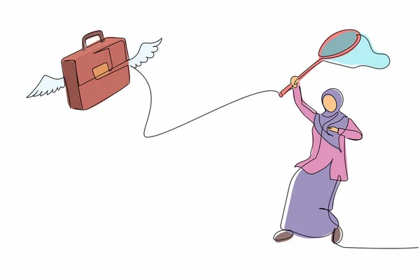 Nepřetržitá Jedna Čára Kreslení Arabské Podnikatelky Snaží Chytit Létající Kufřík — Stockový vektor