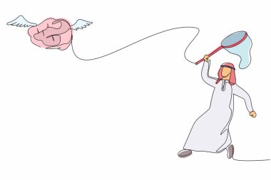 Arap işadamı kelebek ağıyla uçan beyni yakalamaya çalışırken sürekli bir çizgi çiziyor. Dahice bir fikir için sağlıklı aklımı kaybediyorum. İş metaforu. Tek çizgi tasarım vektör grafik çizimi