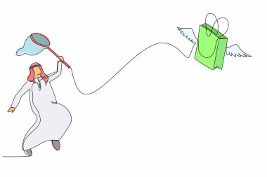 Arap işadamı kelebek ağıyla uçan alışveriş torbalarını yakalamaya çalışıyor. Süpermarkette alışverişini kaybetmiş. İş metaforu. Devamlı çizgi çizimi tasarım vektörü illüstrasyonu