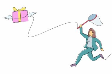Tek sıra halinde iş kadını kelebek ağıyla uçan hediye kutusunu yakalamaya çalışıyor. Kayıp hediye kutusu teslimatı konsepti. Hayal kırıklığına uğradım. Bir çizgi çizimi grafik tasarım vektör çizimi