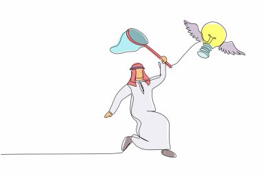 Arap iş adamının kelebek ağıyla uçan ampulü yakalamaya çalışması. İlhamı ve yaratıcı fikri kaybetmek. İş metaforu. Tek çizgi çizimi tasarım vektör çizimi