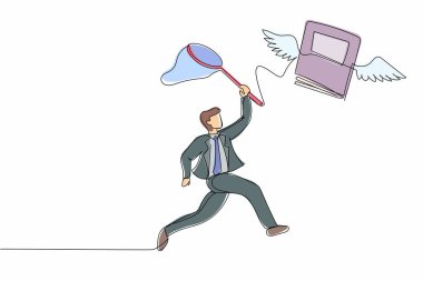 Tek sıra halinde iş adamı kelebek ağıyla uçan kitabı yakalamaya çalışıyor. Kariyer büyümesini takip etmek için yüksek eğitim. İşçi edebiyatı. Bir çizgi çizimi tasarım vektörü illüstrasyonu