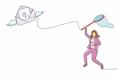 Tek sıra halinde iş kadını kelebek ağıyla uçan postaları yakalamaya çalışıyor. Okunmamış mektup. Kayıp posta zarfları yüzünden işini kaybetti. Bir çizgi çizimi grafik tasarım vektör çizimi
