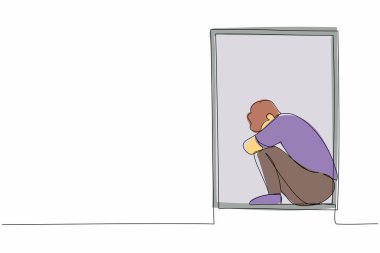 Sürekli depresif umutsuz bir adamın çizdiği bir çizgi pencere eşiğinde oturuyor. Depresyon, stres, melankoli, umutsuzluk, hüsran, hayat sorunları. Tek çizgi çizimi tasarım vektörü grafik çizimi