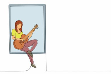 Pencere kenarında oturan ve akustik gitar çalan tek sıra genç bir kadın. Dinlen, evde kal, melankolik, rahatla, rahatla, romantik ol. Bir çizgi çizimi tasarım vektörü illüstrasyonu