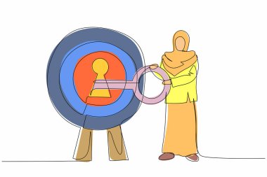 Arabistanlı iş kadınının çizdiği tek sıra hedefi tutturdu. Başarı iş planında doğruluk. Kariyer yolu. Hedefe ulaşmanın sırrı. Bir çizgi grafik tasarım vektör çizimi