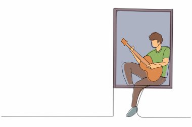 Sürekli bir satır çizen genç adam pencere kenarında oturur gitar çalar ve şarkı söyler. Dinlenmek, evde kalmak, insan hayatı, rahatlama, rahatlama, romantik. Tek çizgi tasarım vektör grafik çizimi