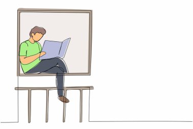 Tek sıra halinde oturup gazete okuyan gevşek bir adam çiziyor. Sıcak balkon. Ev aktiviteleri. Karantina sırasında evde kalıyor. Bir çizgi çizimi grafik tasarım vektör çizimi