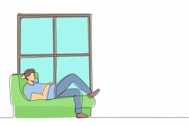 Tek sıra halinde, evdeki pencere eşiğinde genç bir adam yatıyor. Erkek pencerenin yanındaki odada dinleniyor. Evde vakit geçirmek, işten sonra dinlenmek, okumak. Aralıksız çizgi grafik tasarım vektörü çizimi