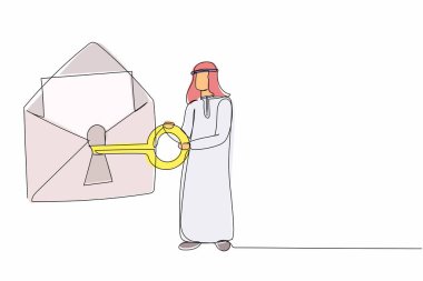 Arap işadamının posta kutusuna büyük bir anahtar koyduğunu gösteren tek satır. Dijital mesaj koruması ya da e-posta güvenlik sistemi. Çevrimiçi kişisel bilgiler. Devamlı çizgi tasarımı grafik vektör illüstrasyonu