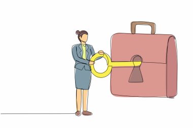 Tek sıra halinde iş kadını çiziyor anahtarı çantaya koyuyor. Profesyonel menajer tarzı. Yatırım portföyü, borsa yönetim ticaret stratejisi. Bir çizgi çizimi tasarım vektörü illüstrasyonu