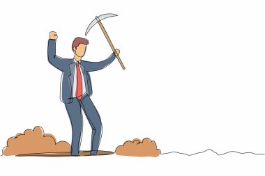 Kazmayı elleriyle kaldırırken delikte hoplayıp zıplayan mutlu işadamlarının çizdiği bir çizgi. Erkek yönetici elmas ya da değerli taş arıyor. Tek çizgi çizimi tasarım vektörü grafik çizimi