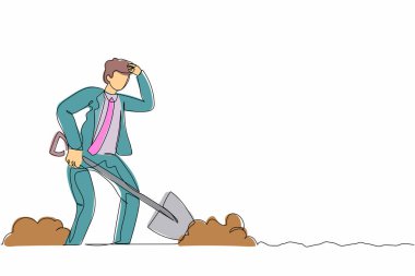 Çukur kazarken alnına sürekli yorgun işadamlarının terini akıtan bir çizgi. İşçiler asla görevlerinden vazgeçmezler. Başarının motivasyonu. Tek çizgi çizimi tasarım vektörü grafik çizimi