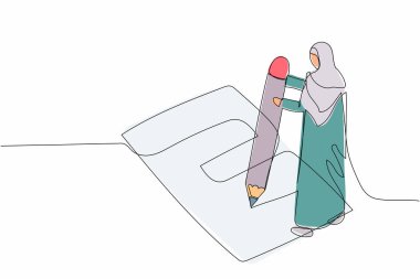 Tek sıra halinde, yere anket formu yazan Arap iş kadını çiziyor. Kadın yönetici panoda dev kalemle kontrol listesi doldurdu. Bir çizgi çizimi grafik tasarım vektör çizimi