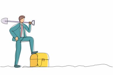 Sürekli bir hat çizerek işadamını kürekle toprağı kazmaya ve hazine sandığına basmaya zorluyor. Başarı işi, başarı ve keşif konsepti. Tek çizgi çizimi tasarım vektörü grafik çizimi