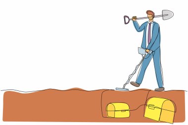 Define sandığı arayan kürek ve metal dedektörlü bir işadamı çizmeye devam ediyor. İşçi hazine avcısı değerli bir mücevher buluyor. Tek çizgi çizimi tasarım vektörü grafik çizimi
