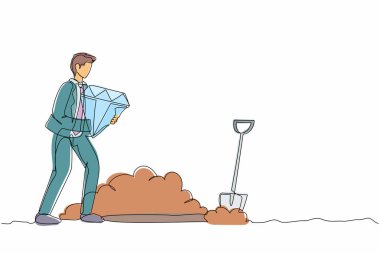 Devamlı bir çizgi halinde mutlu bir işadamı yürüyor ve çukur kazmak için büyük bir elmas tutuyor. Değerli taşları olan adam. Başarılı iş ve finans. Tek çizgi tasarım vektör grafik çizimi