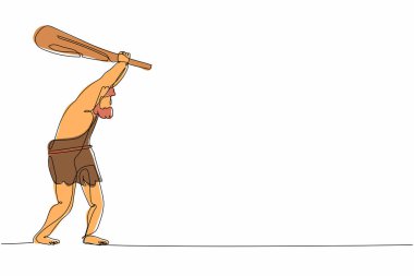 Tek sıra halinde mağara adamı tutuyor ve sopayı kaldırıyor. Mağara adamı ve sopa. Tarih öncesi adam ve kulüp. Eski bir taş devri silahı. Bir çizgi çizimi grafik tasarım vektör çizimi