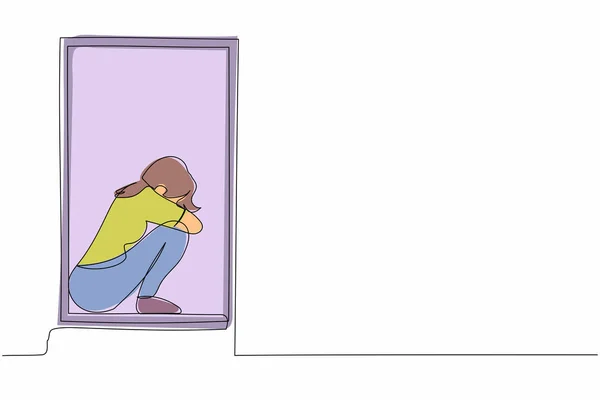 单行连续画绝望的年轻女子坐在窗台上 生活问题 单行绘图图形设计矢量插图 — 图库矢量图片