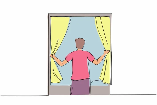 Une Seule Ligne Dessin Heureux Homme Ouverture Rideaux Fenêtre Réveillez — Image vectorielle